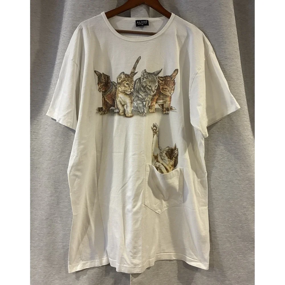 Vintage Cat 90s T Shirt Tunic Night Cats Front Pocket Cotton USA OS